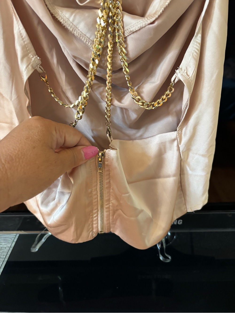 AKIRA Champagne Satin Top with Gold Chain Detail - Picture 6 of 8